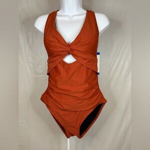 DKNY Twist Front One Piece Swimsuit Large Red Ruched Cutout NWT